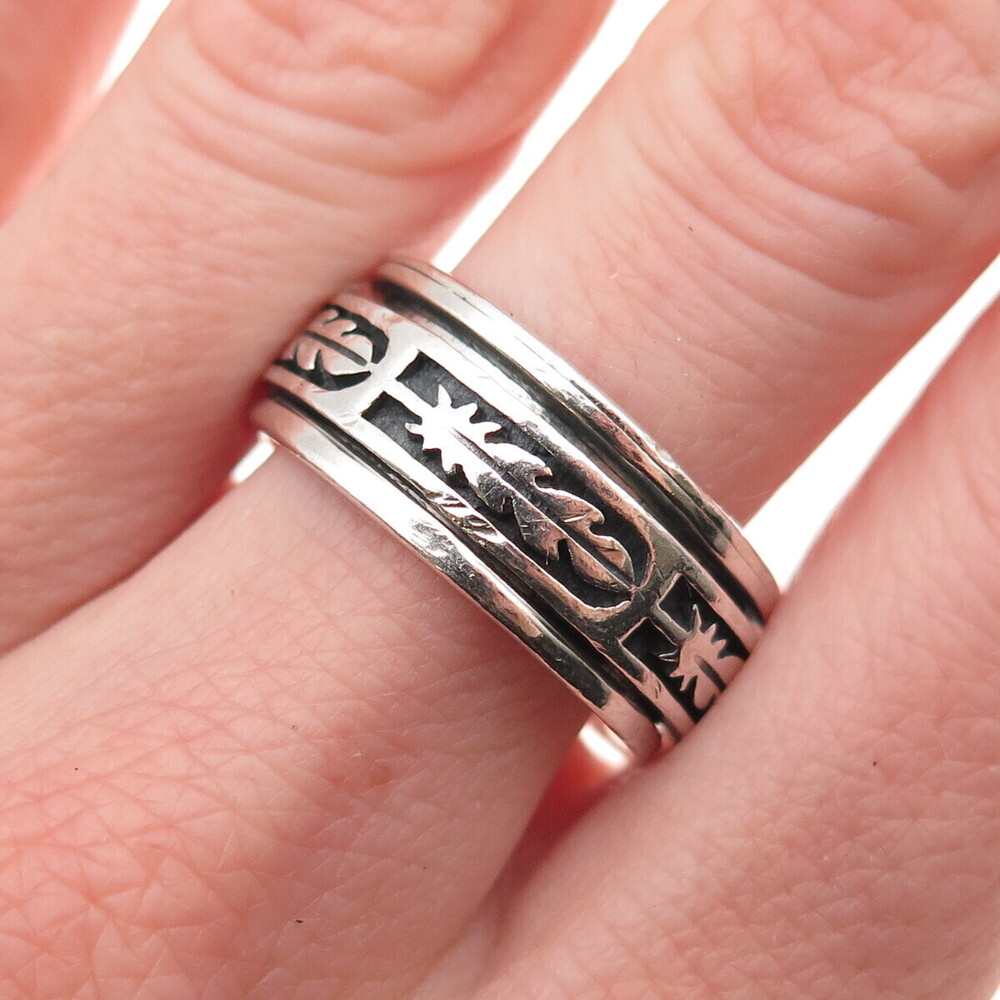 925 Sterling Silver Vintage Feather Oxidized Rotating Band Ring Size 9.75